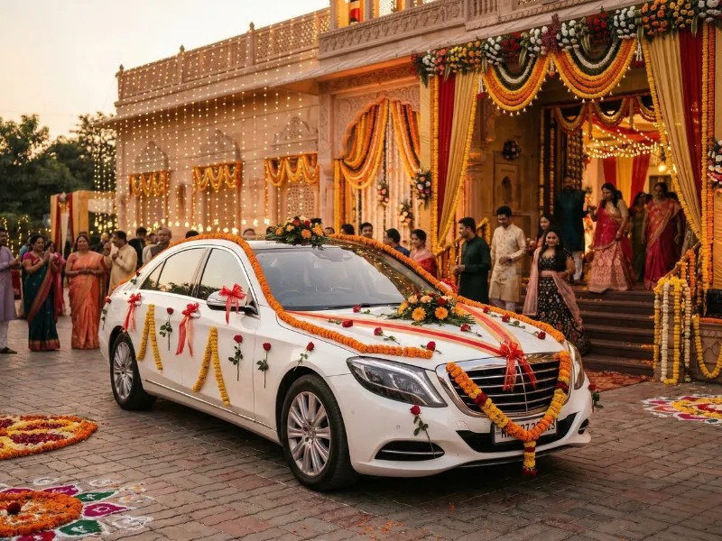 Wedding transport with decorated cars and buses